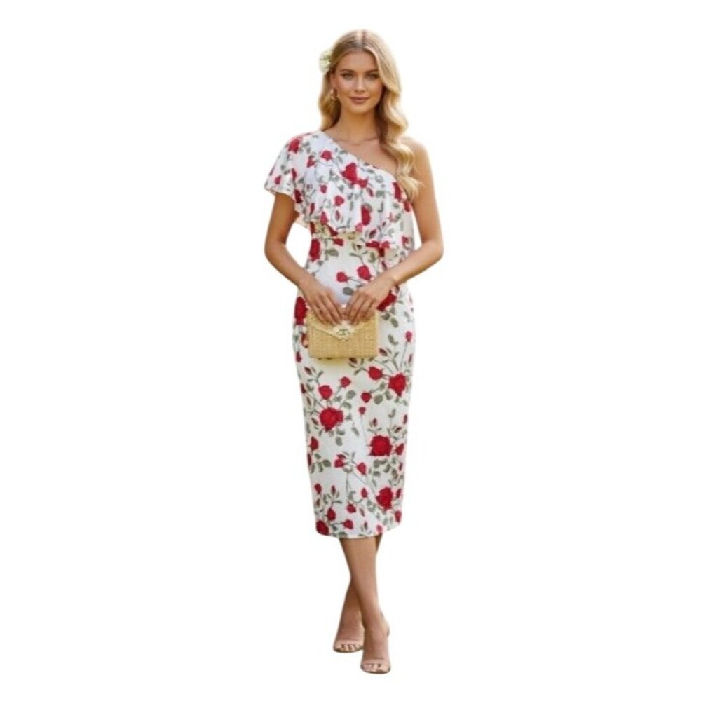 Fame & Partners Aubrieta One Shoulder Ruffle Midi Dress Briar Rose Floral Size 6